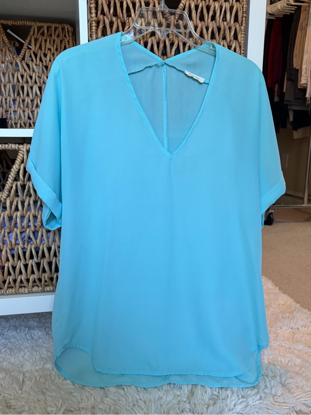 Adrienne Aqua V-Neck Short Sleeve Blouse